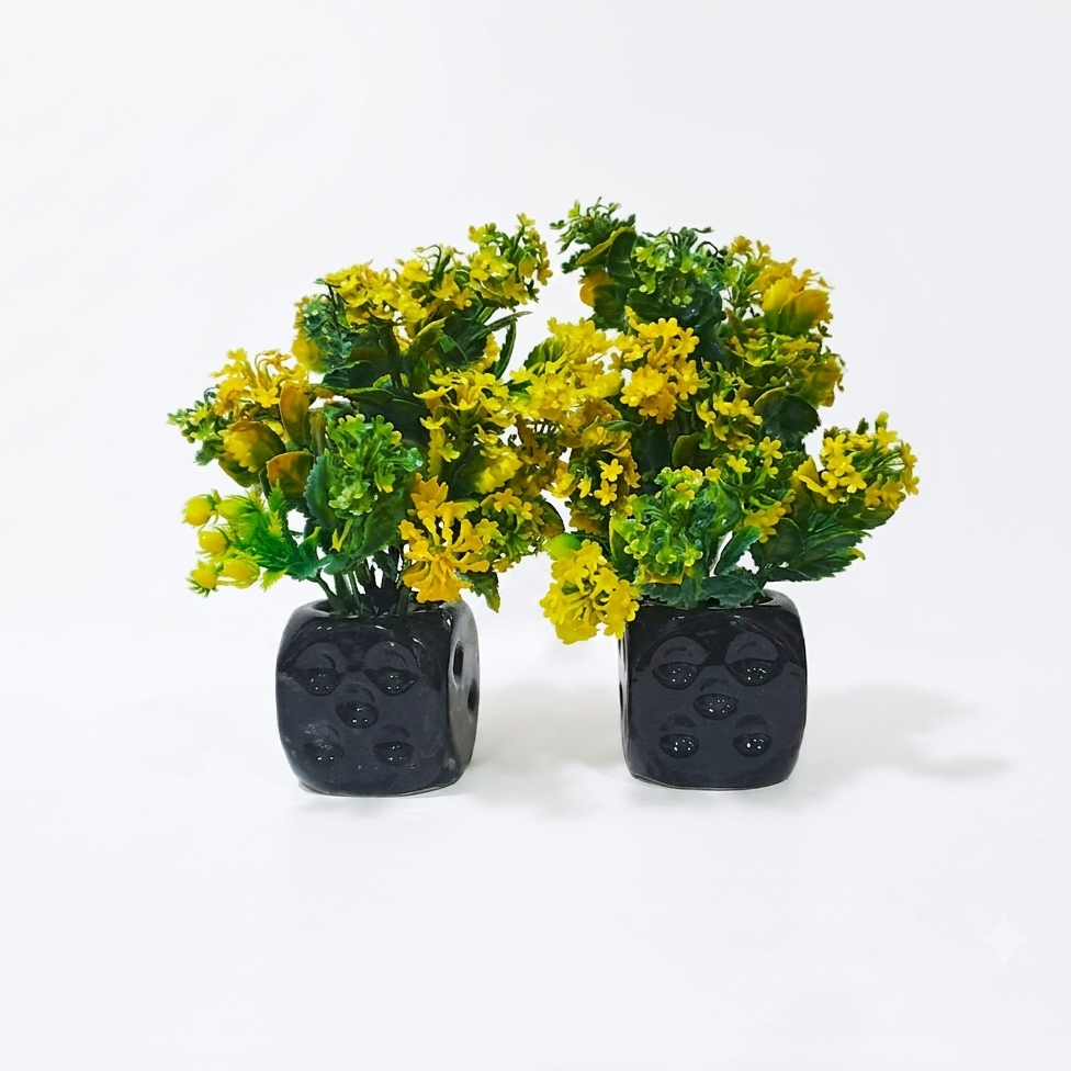 Pack of 2 Black Ceramic Pots with artificial Yellow Flowers and lush green Plants
