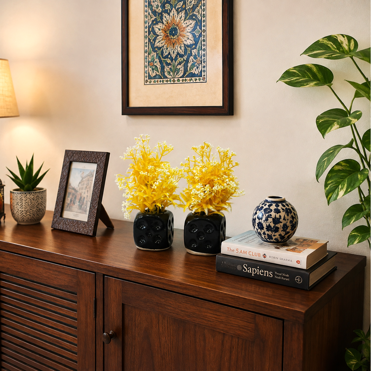 Pack of 2 Black Ceramic Pots with artificial Yellow Flowers and Plants