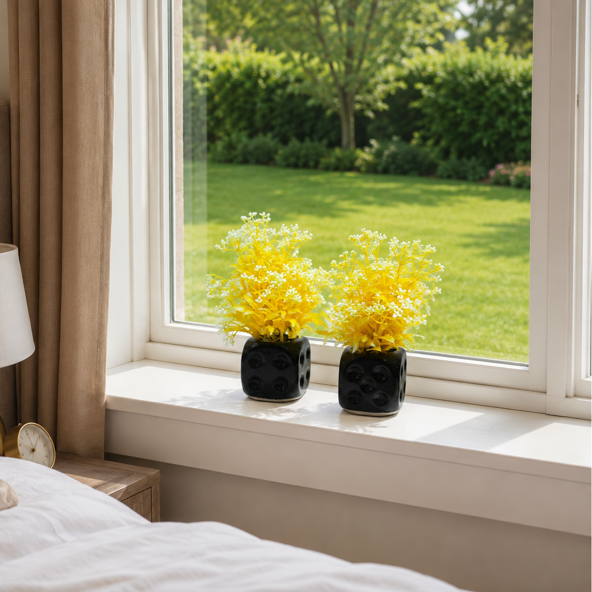 Pack of 2 Black Ceramic Pots with artificial Yellow Flowers and Plants