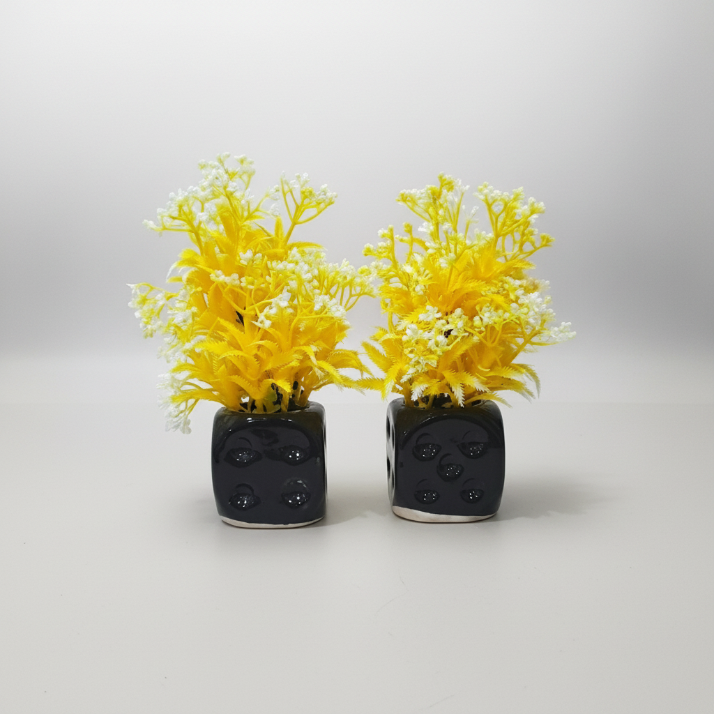 Pack of 2 Black Ceramic Pots with artificial Yellow Flowers and Plants