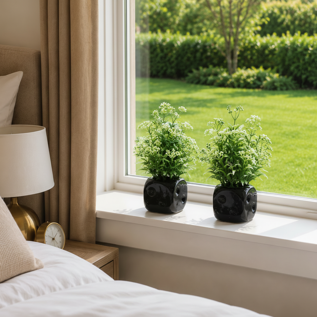 Pack of 2 Black Ceramic Pots with artificial White Flowers and Plants