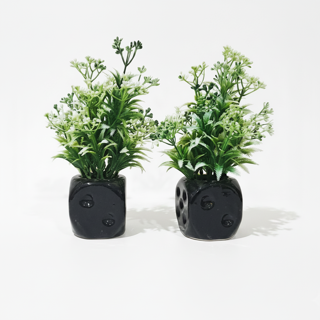 Pack of 2 Black Ceramic Pots with artificial White Flowers and Plants
