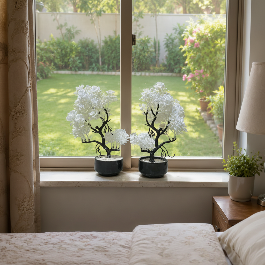 Pack of 2 Black Ceramics Bowl shaped Pots with artificial bonsai tree with white flowers