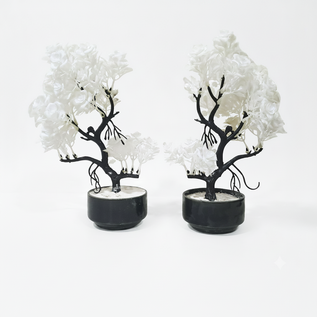 Pack of 2 Black Ceramics Bowl shaped Pots with artificial bonsai tree with white flowers