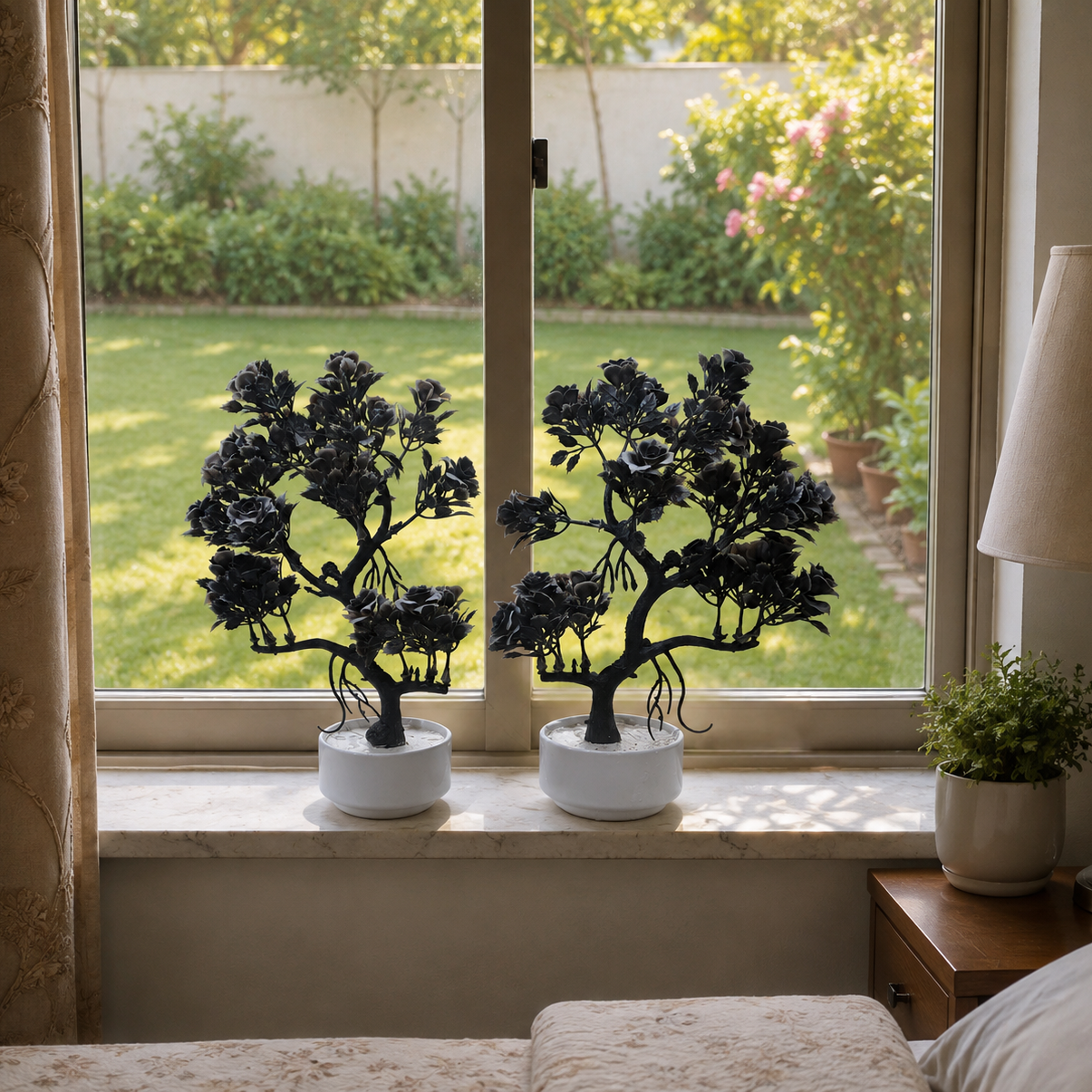 Pack of 2 White Ceramics Bowl shaped Pots with artificial bonsai tree with black flowers