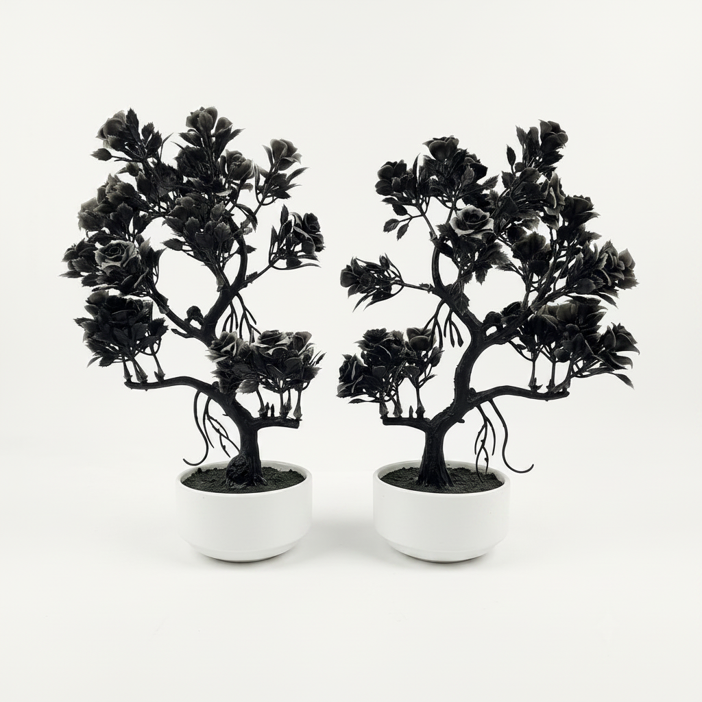 Pack of 2 White Ceramics Bowl shaped Pots with artificial bonsai tree with black flowers