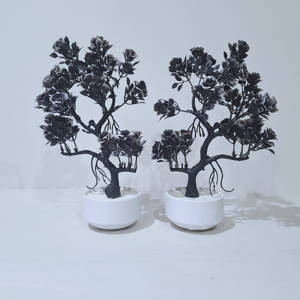 Pack of 2 White Ceramics Bowl shaped Pots with artificial bonsai tree with black flowers
