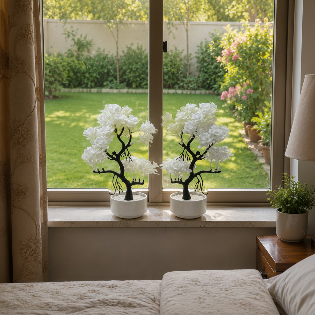 Pack of 2 White Ceramics Bowl shaped Pots with artificial bonsai tree with white flowers
