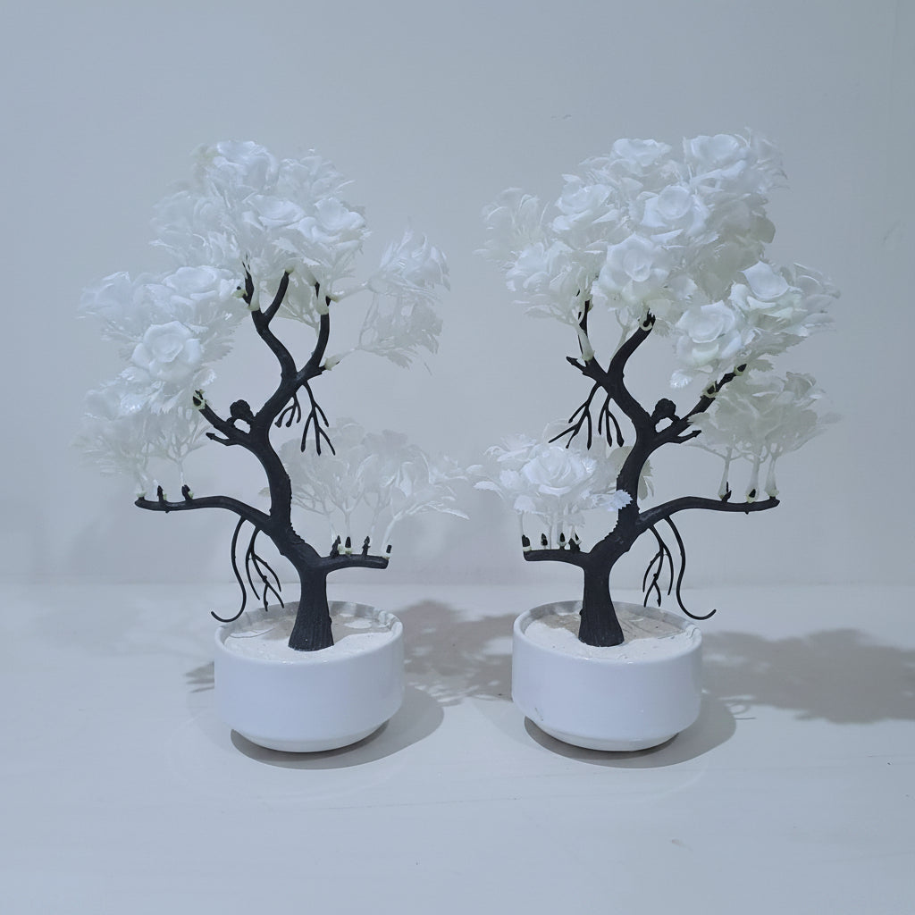Pack of 2 White Ceramics Bowl shaped Pots with artificial bonsai tree with white flowers