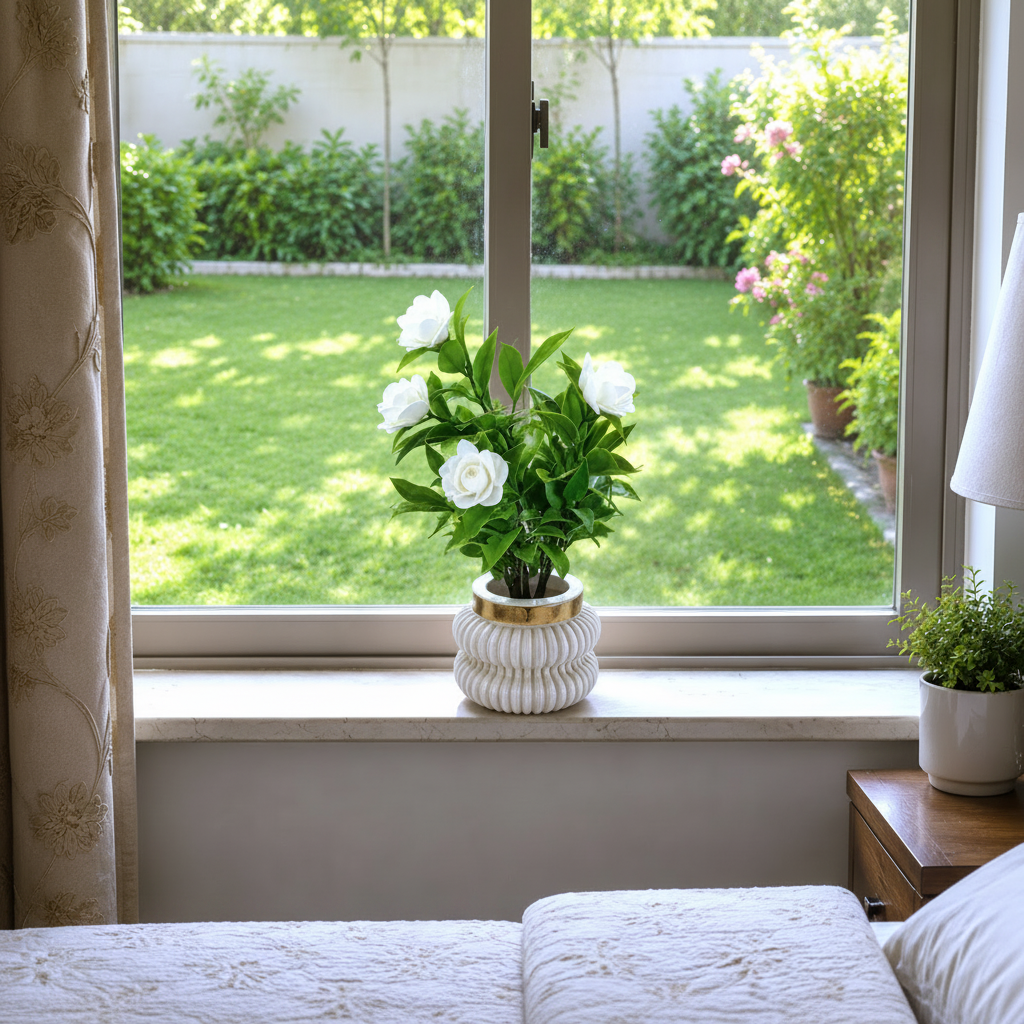 White Camellia-Style Blossoms and lush green foliage in a white, ribbed Plastic Pot