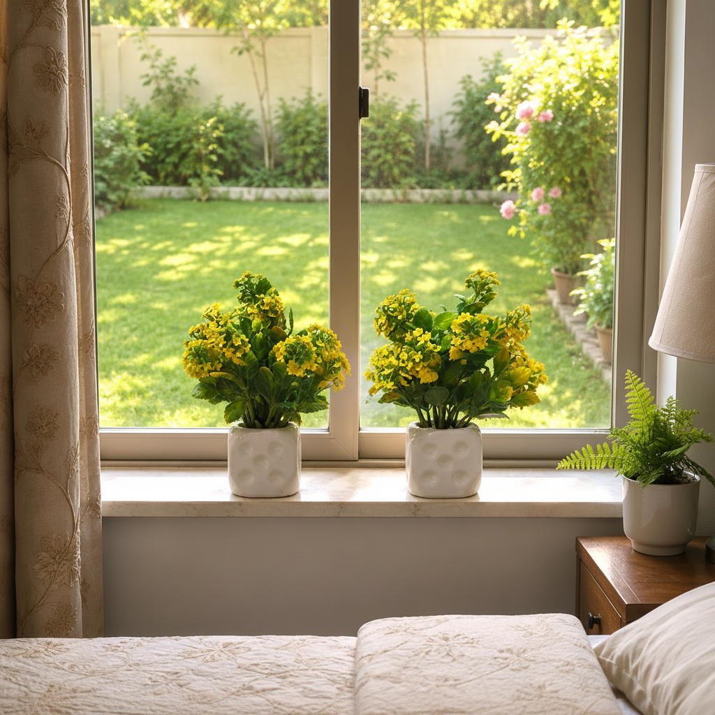 Pack of 2 White Ceramics Pots with artificial Yellow Flowers and lush green Plants
