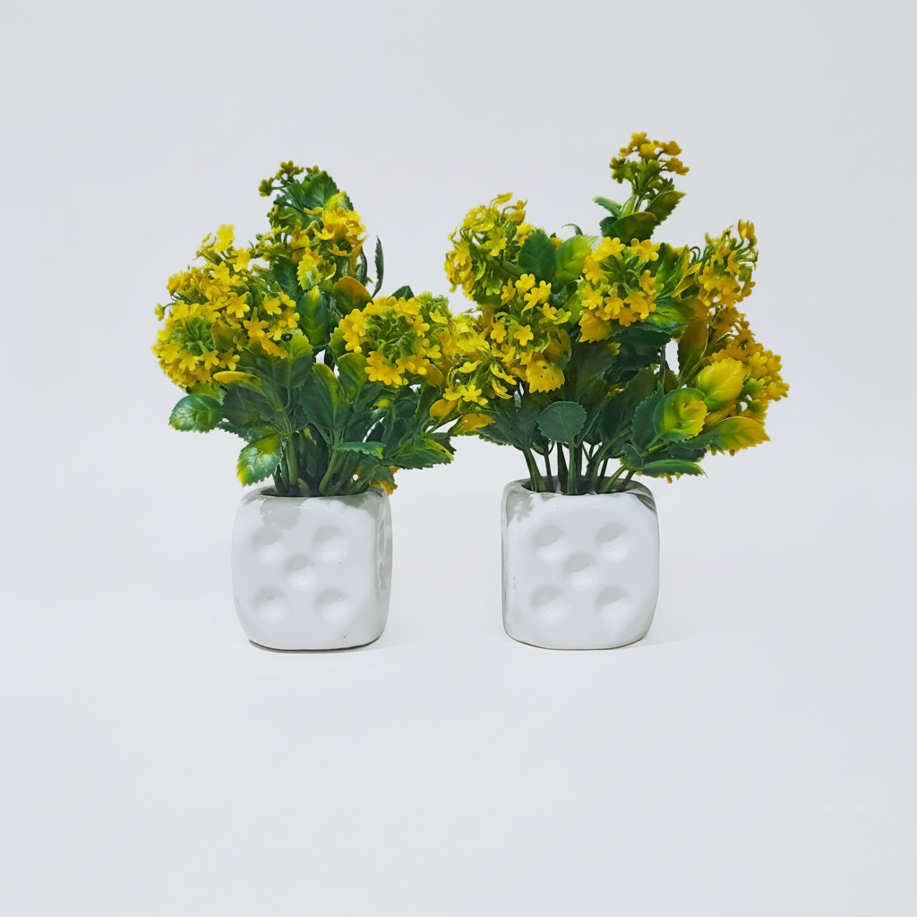 Pack of 2 White Ceramics Pots with artificial Yellow Flowers and lush green Plants
