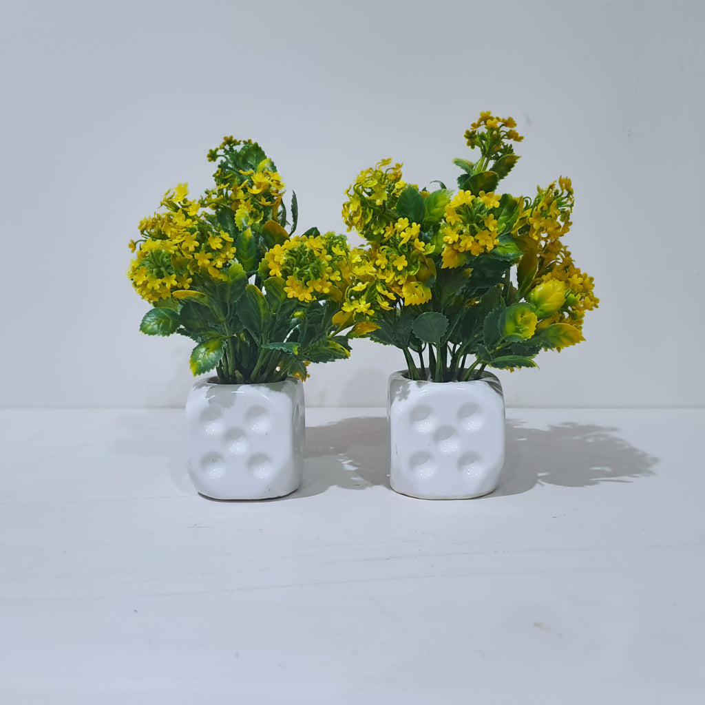 Pack of 2 White Ceramics Pots with artificial Yellow Flowers and lush green Plants