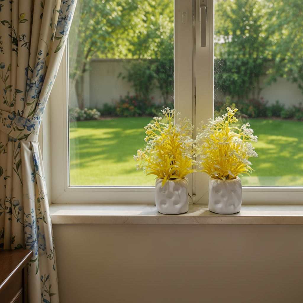 Pack of 2 White Ceramics Pots with artificial Yellow Flowers and Plants