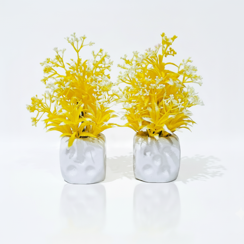 Pack of 2 White Ceramics Pots with artificial Yellow Flowers and Plants