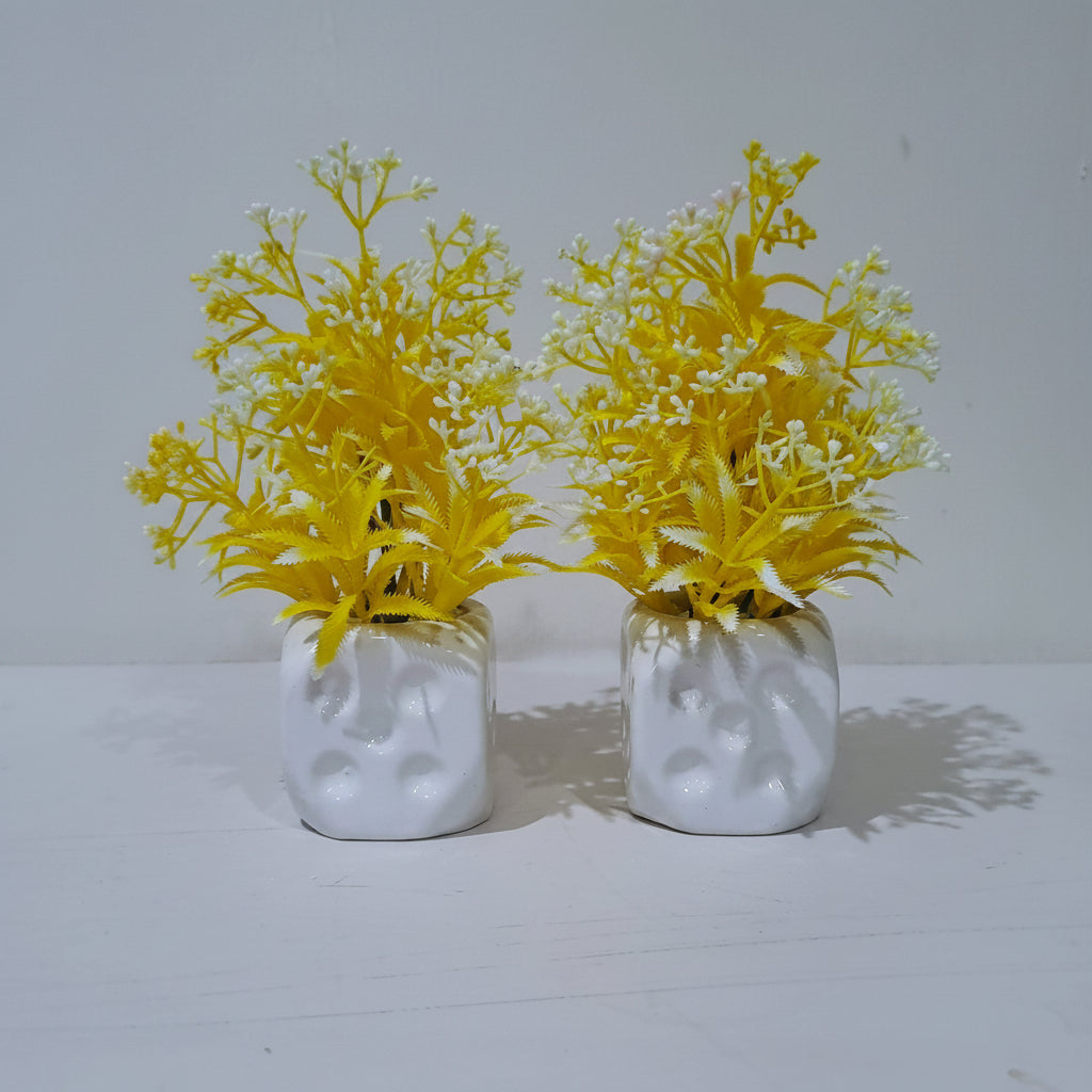 Pack of 2 White Ceramics Pots with artificial Yellow Flowers and Plants