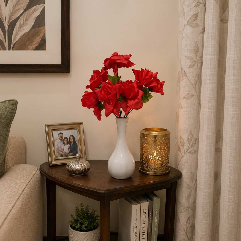 White narrow Neck Bud Ceramic Vase with Artificial Rose Bunch