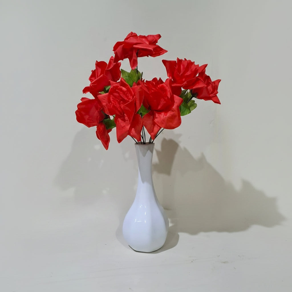 White narrow Neck Bud Ceramic Vase with Artificial Rose Bunch