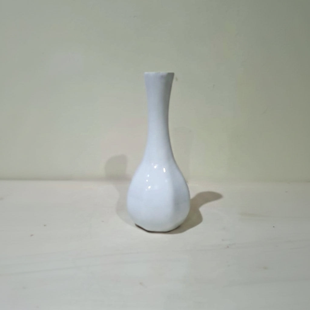White narrow Neck Bud Ceramic Vase with Artificial Rose Bunch