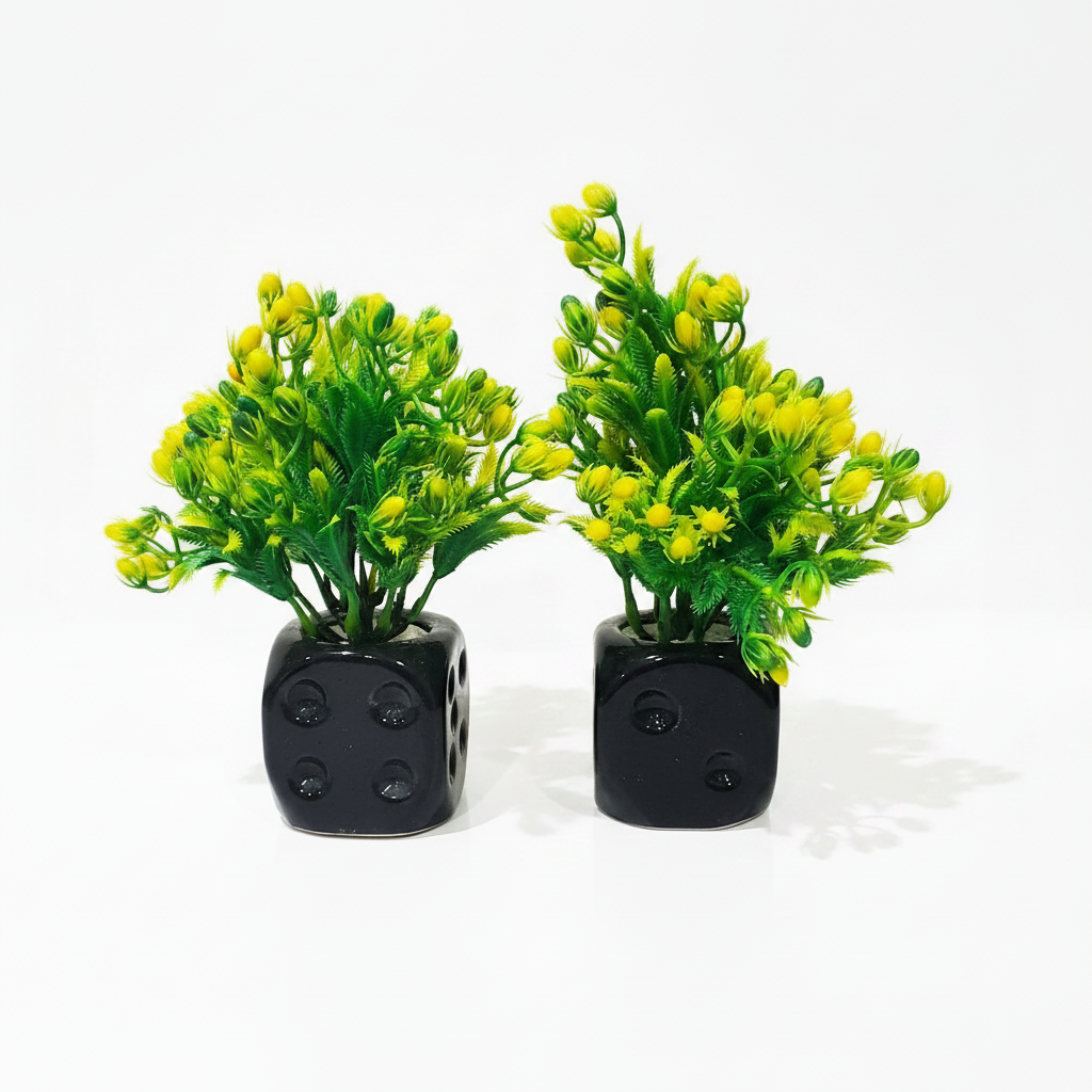 Pack of 2 Black Ceramics Pots with artificial Yellow Flower Buds and Plants