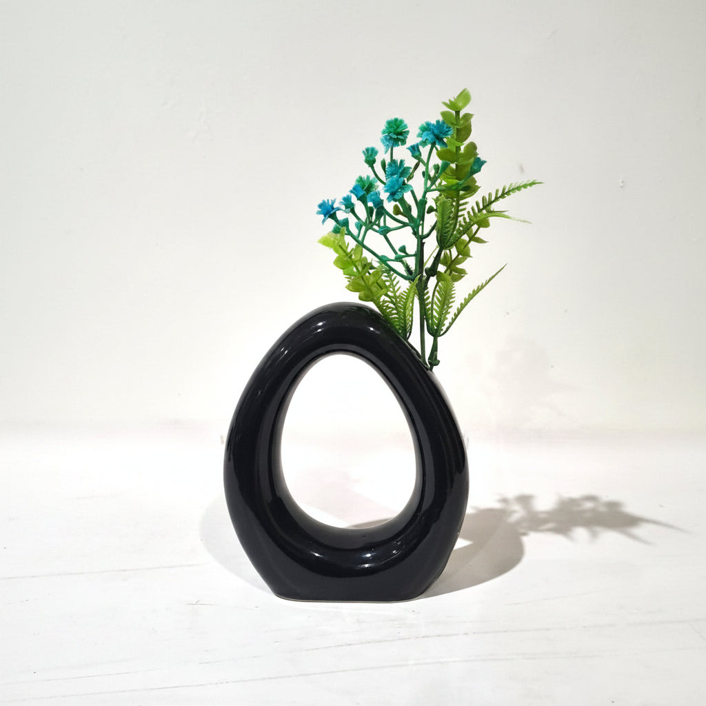 Black Donut Shaped Ceramics Vase with Artificial Turquoise Gypsophila Plant