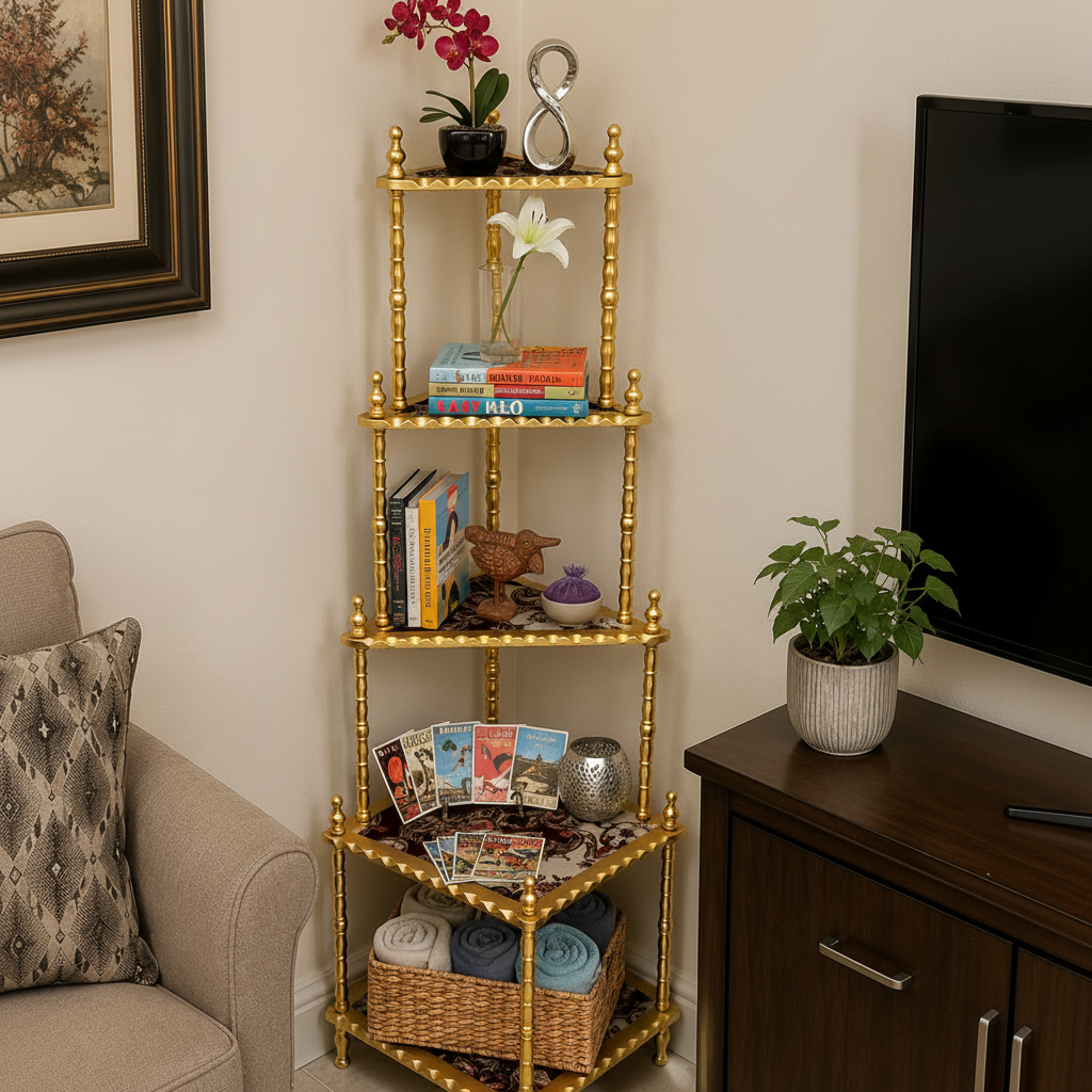 5-Tier detachable Golden Corner Stand with Floral Printed Shelves