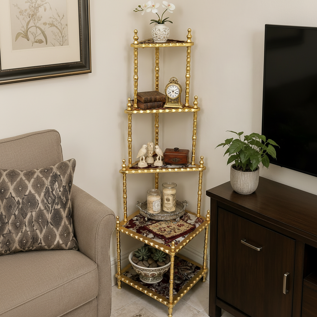 5-Tier detachable Golden Corner Stand with Floral Printed Shelves