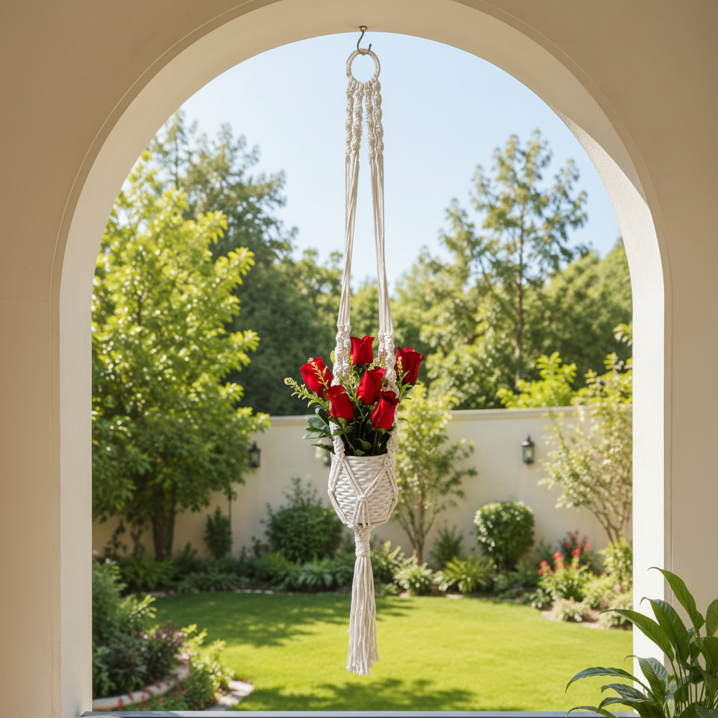 Handmade Macrame Plant Hanger with Red Roses planted in White Plastic Planter