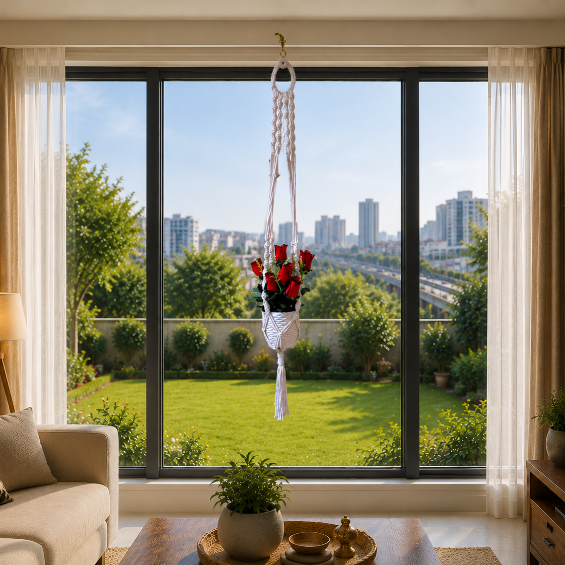 Handmade Macrame Plant Hanger with Red Roses planted in White Plastic Planter