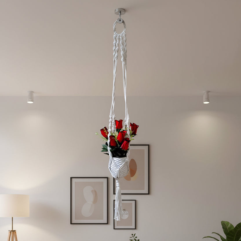 Handmade Macrame Plant Hanger with Red Roses planted in White Plastic Planter
