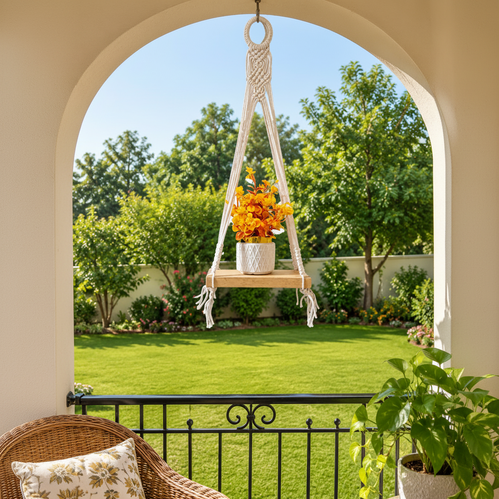 Handmade Macrame Plant Hanger with Orange Flowers Planted in White Plastic Planter