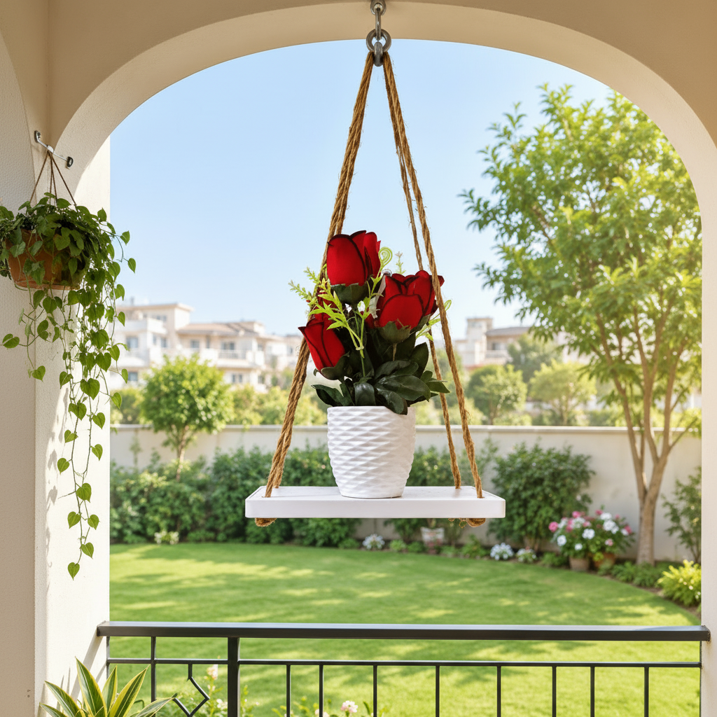 White Rope Hanging Shelf with Red Roses planted in White Plastic Planter