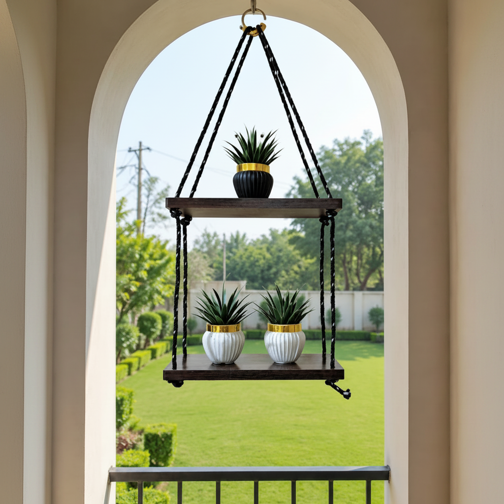 Black 2-Tier Rope Hanging Shelf with 3 artificial Plants in Plastic Pots