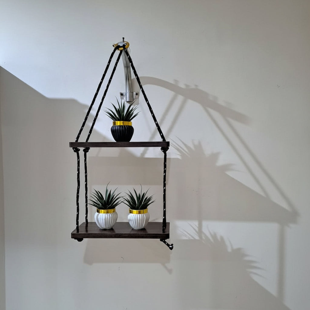 Black 2-Tier Rope Hanging Shelf with 3 artificial Plants in Plastic Pots