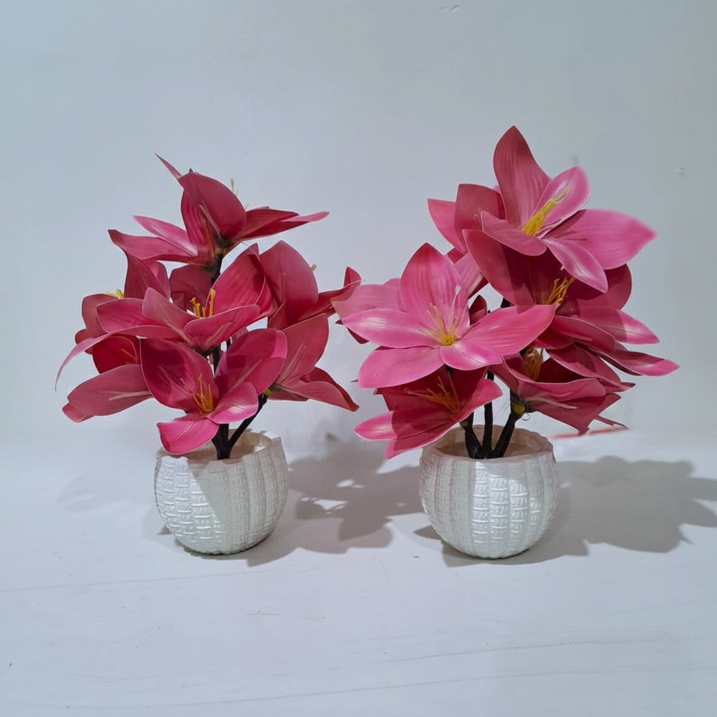 Pack of 2 Plastic Pots with artificial Pink Flowers & Plants