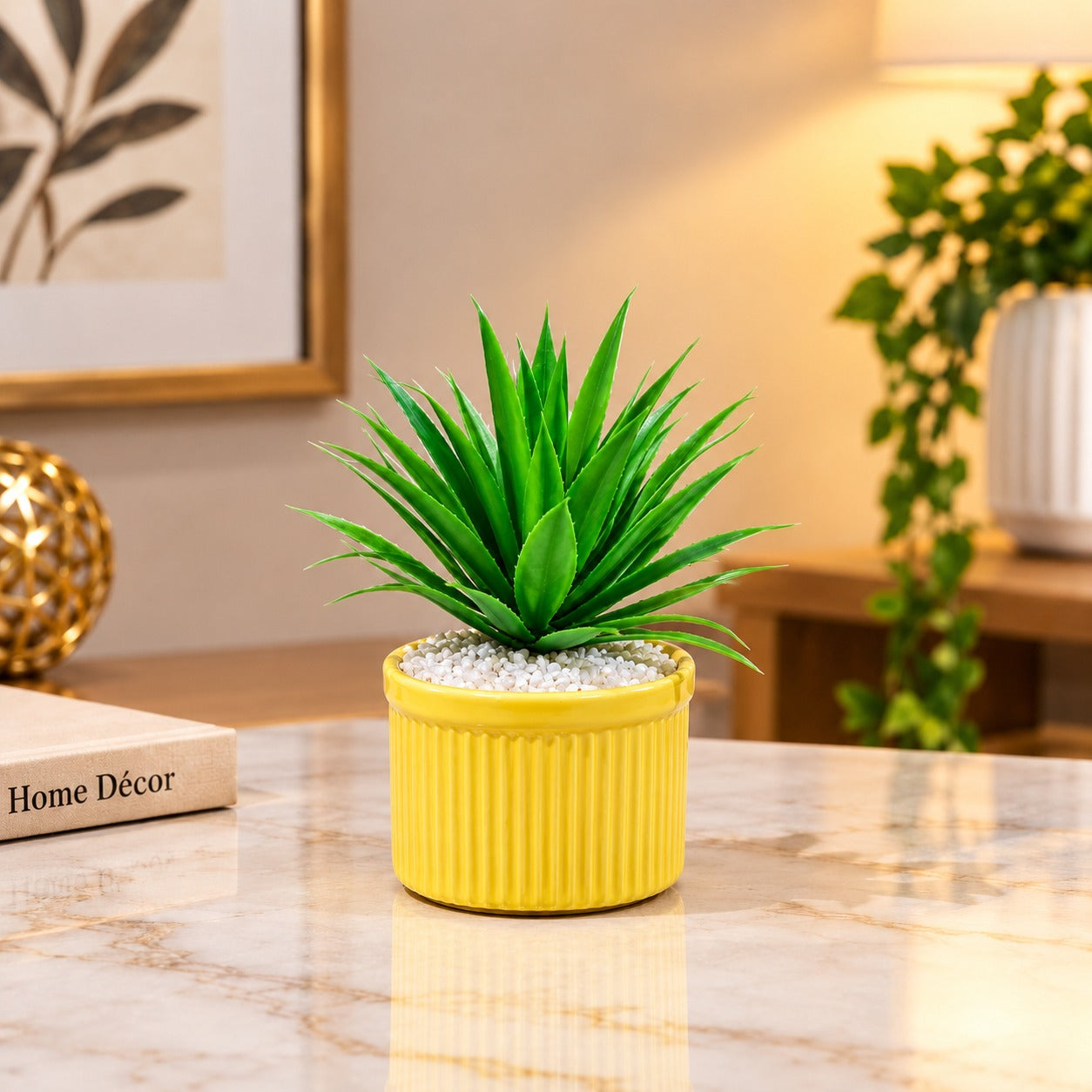 Artificial Green Succulent-style desk plant in a ridged yellow pot