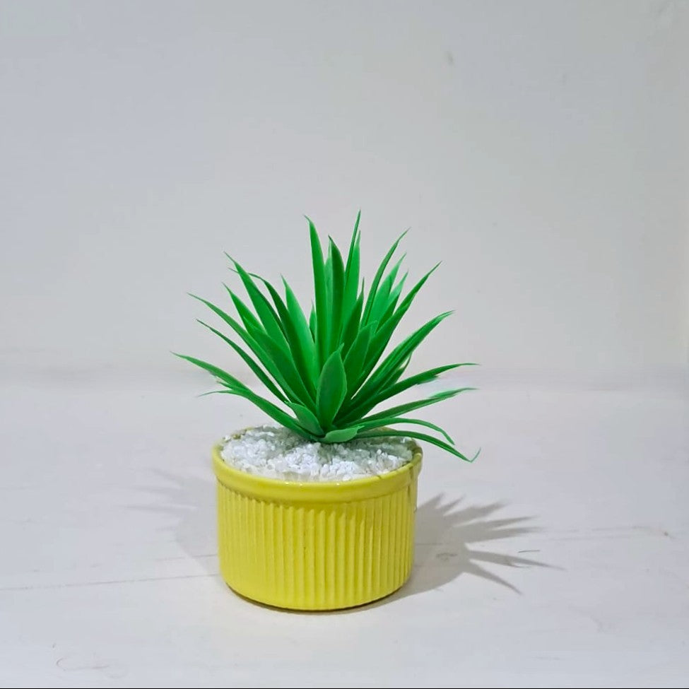 Artificial Green Succulent-style desk plant in a ridged yellow pot