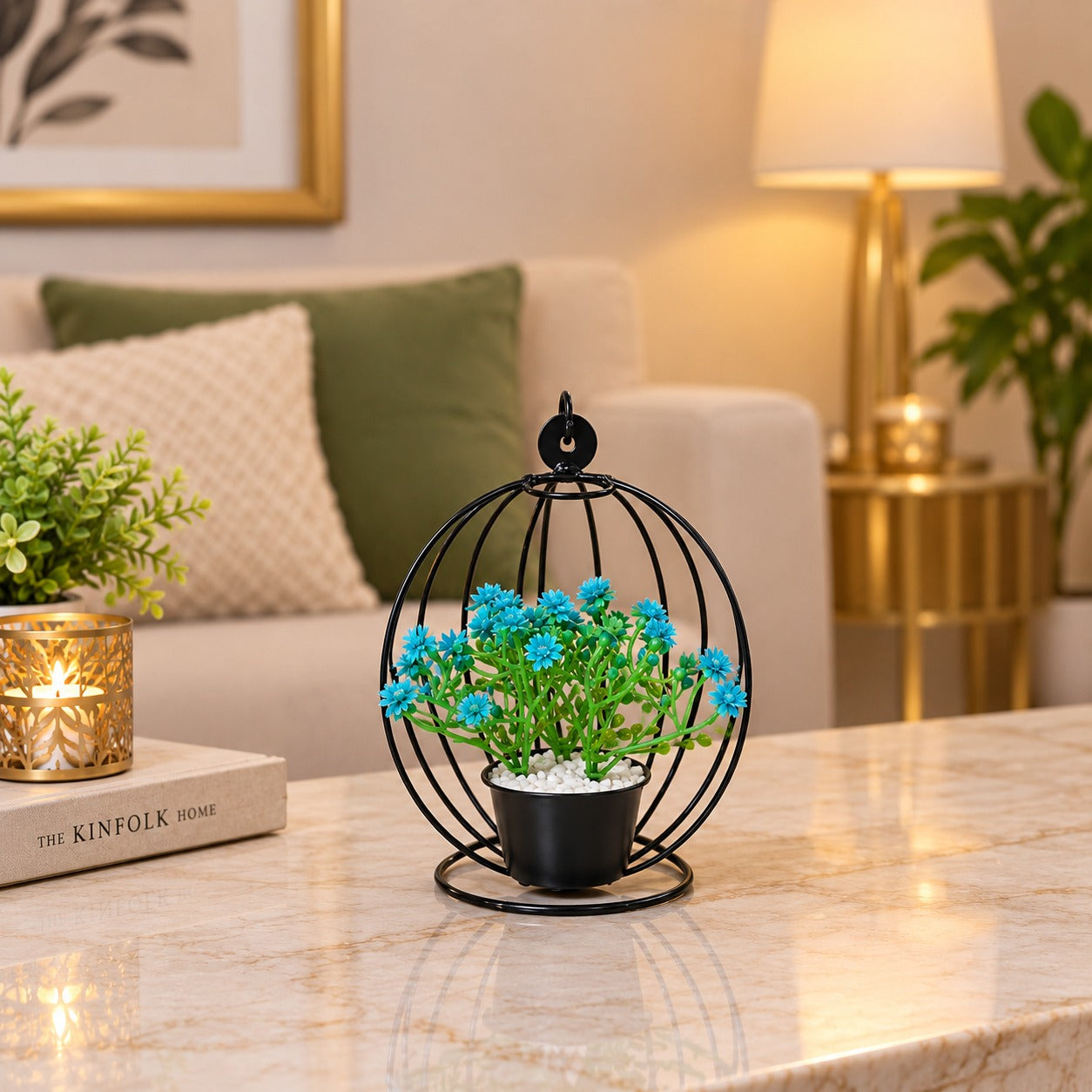 Artificial Flower Pot with Blue Blooms in hanging Chair on Black Metallic Stand