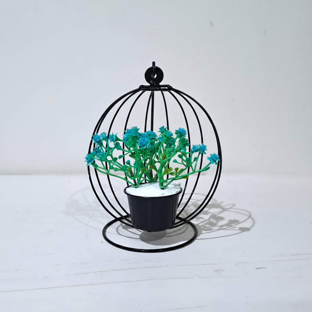 Artificial Flower Pot with Blue Blooms in hanging Chair on Black Metallic Stand