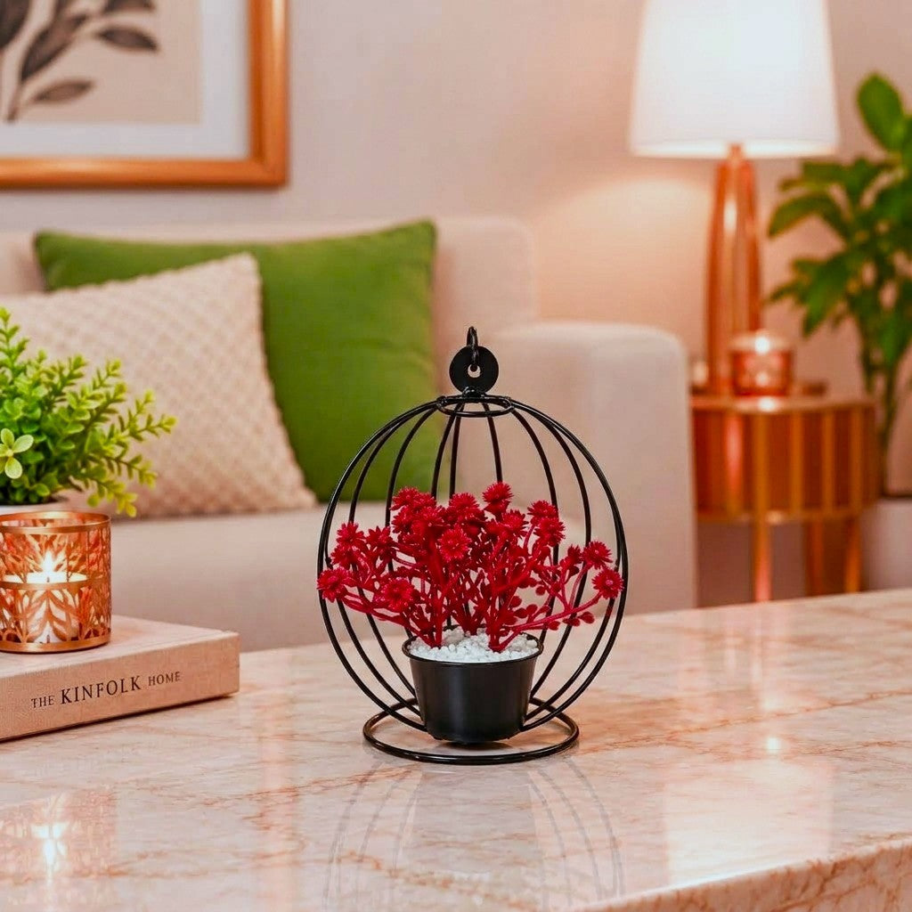 Artificial Flower Pot with Blue Blooms in hanging Chair on Black Metallic Stand