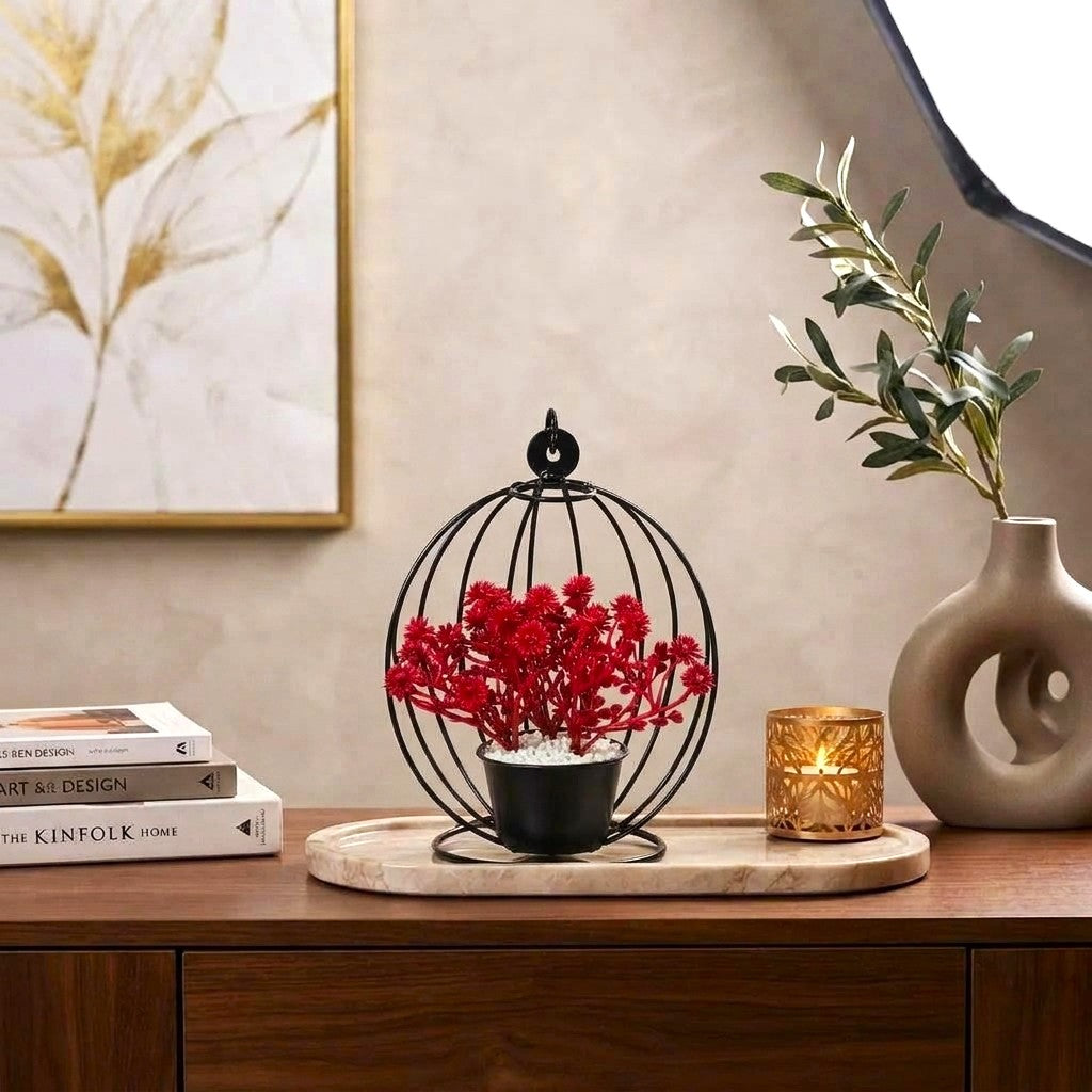Artificial Flower Pot with Blue Blooms in hanging Chair on Black Metallic Stand