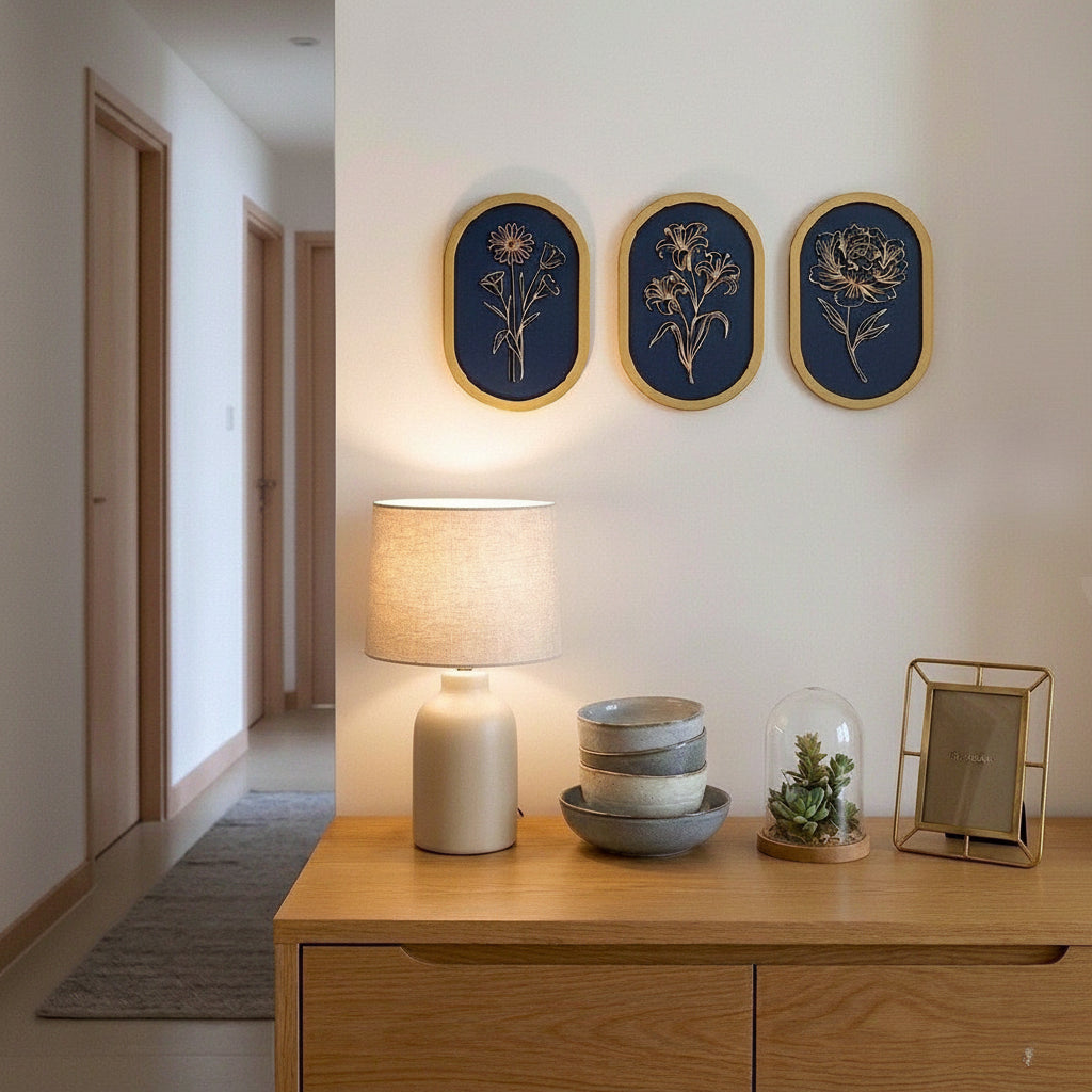 Set of 3 Oval Shaped Wooden Decorative Floral Wall Hanging