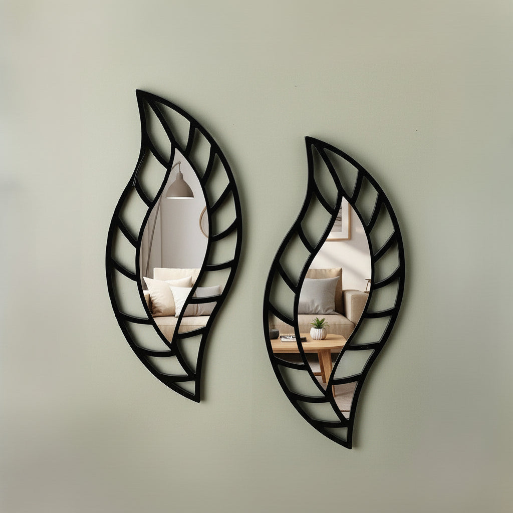 2-Pcs Set of Black Wooden Leaf-Shaped Wall Sticking Mirrors