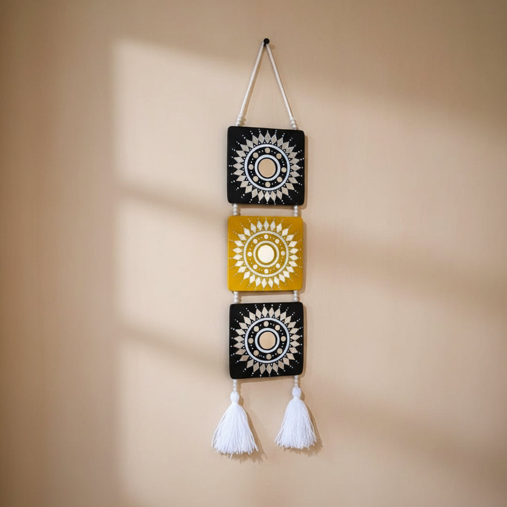 Handmade 3-Tier wooden wall hanging embellished with mirrors