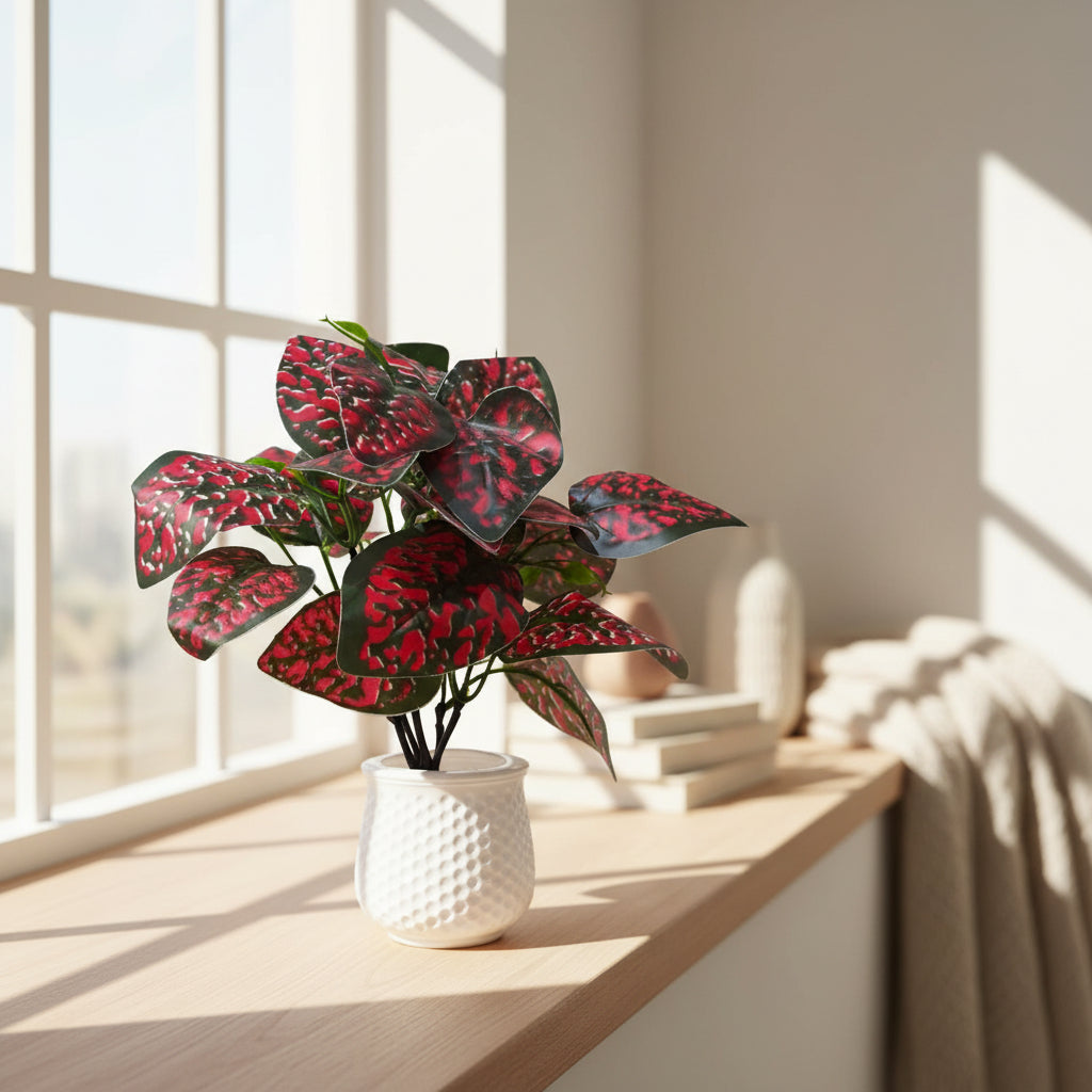 Artificial Red Polka Dots Plant in white textured Plastic Pot