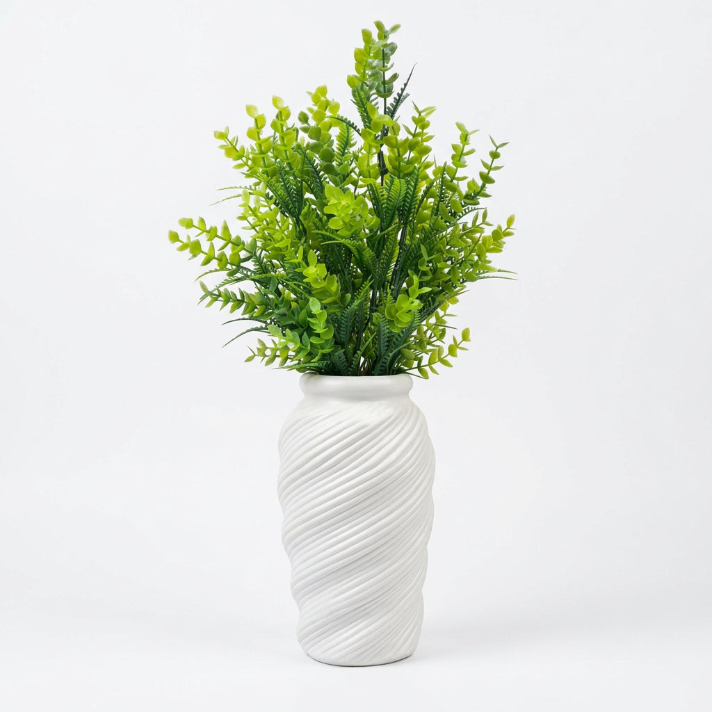 Spiral-Patterned decorative Plastic Vase (White) with 2 Bunches of artificial Green foliage