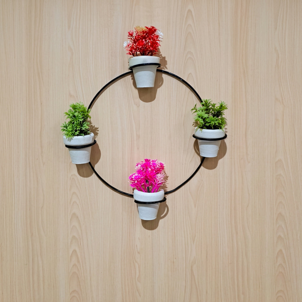 Round Shaped Black Metallic Wall Hanging with 4 Plastic Flower Pots