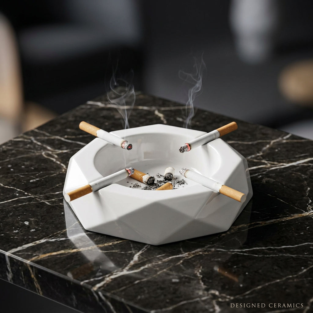 Octagon Shaped White Ceramic Ashtray with four Cigarette rests