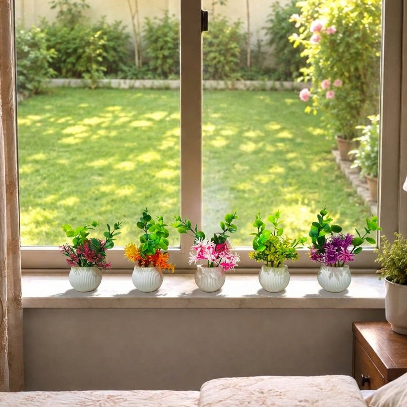 Pack of 5 White Textured Plastic Mini Pots with artificial Mix Flowers/Plants