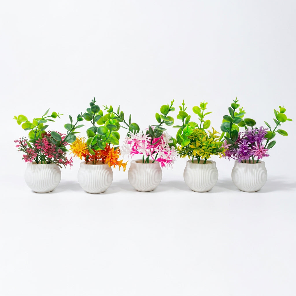 Pack of 5 White Textured Plastic Mini Pots with artificial Mix Flowers/Plants